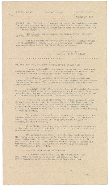  Harry S. Truman Signed Inaugural Address Press Release