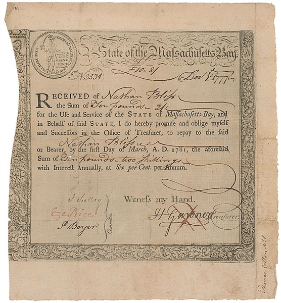 Colonial Massachusetts Bay State 6% Interest Treasury Certificates December 1, 1777