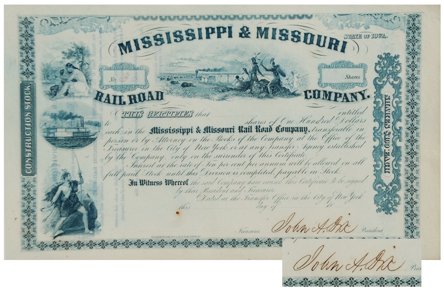 Genaral john Dix Signed Mississippi & Missouri Stock