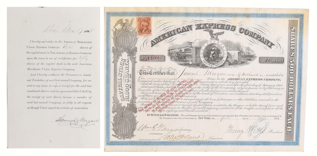 Incredibly clean 1866 American Express Stock Certificate 