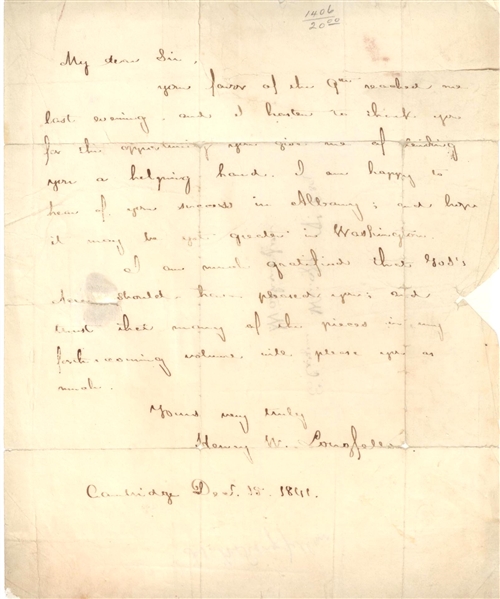 Henry W. Longfellow Letter to (Father Of Life Insurance)