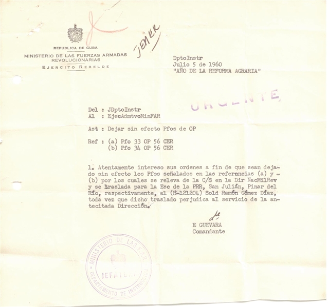 Ernesto Che Guevara Letter as Commander