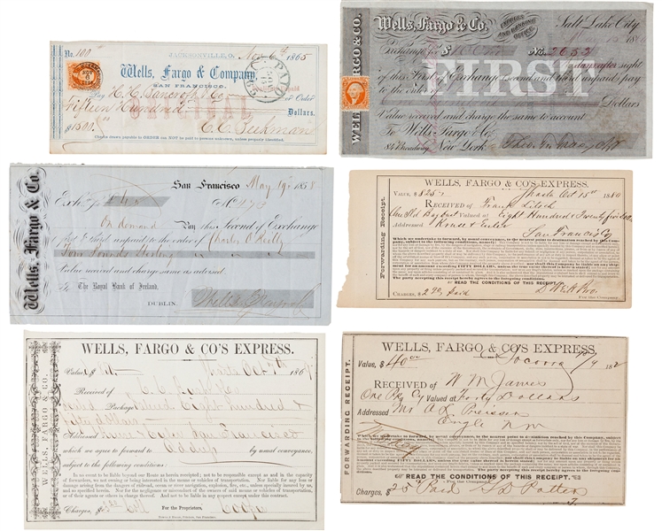 Wells Fargo Financial Documents and Checks: Group of Six, dating between 1858 and 1880. One For Gold Dust  from California 
