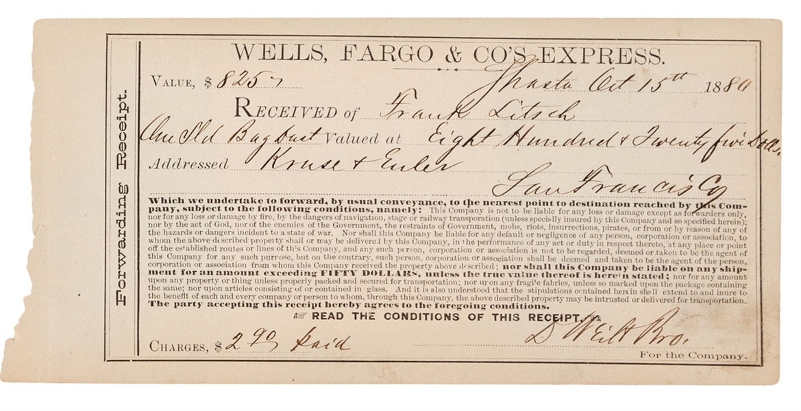 Wells Fargo Financial Documents and Checks: Group of Six, dating between 1858 and 1880. One For Gold Dust  from California 