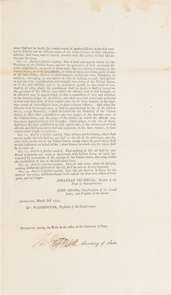 Act Of The Second Congress Relating To Trade with Indians Issued by George Washington Signed By Thomas Jefferson  