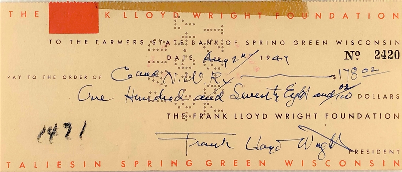 Frank Lloyd Wright (Hand Written and Signed Check)