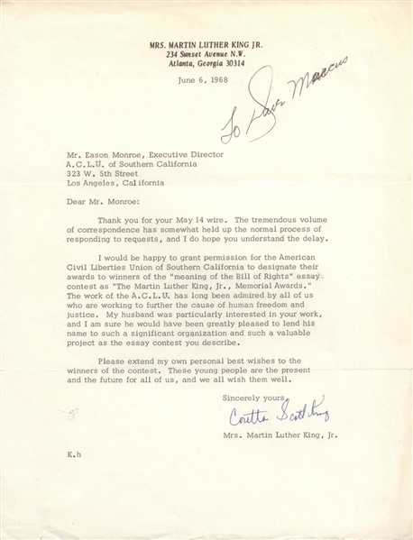 Coretta Scott King writes a letter in 1968 to A.C.L.U. Giving Permission to use her Husbands Name