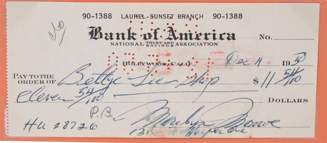 Lot Detail - 1950 Marilyn Monroe Signed Bank Check