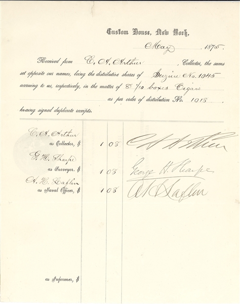Chester A. Arthur Customs House Receipt For Cigars