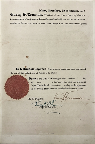 Harry Truman Uncommon Signed Pardon