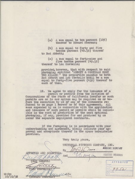Abbott & Costello Legal Contract with Universal Pictures Company for $131,000