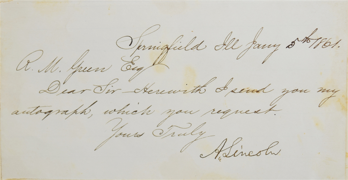 Abraham Lincoln Sends signature as President Elect