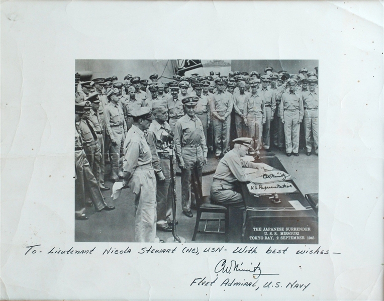 Fleet Admiral Chester W. Nimitz accepting Japan's surrender aboard the flagship, U.S.S. Missouri