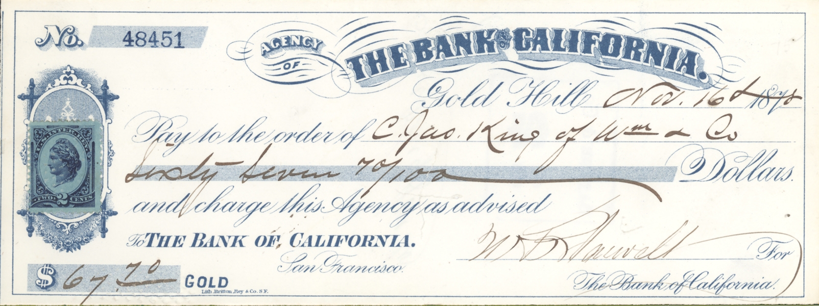 [San Francisco, California] James King of William signed check
