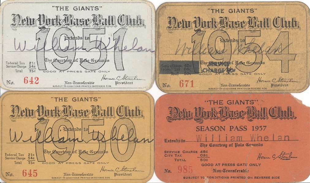 1950, 1951, 1954, & 1957 Baseball New York Giants Polo Grounds Season Pass 