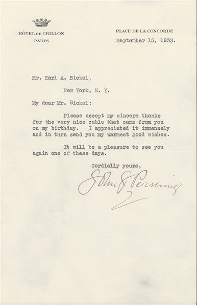 John J. Pershing to Karl A. Bickel, US Press President 1933