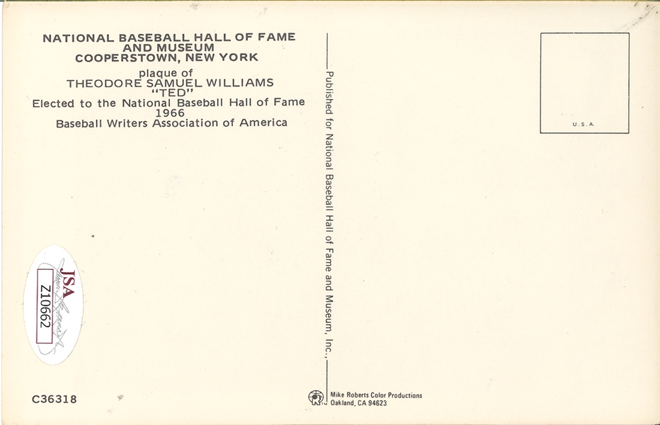 Ted Williams Signed HOF Plaque PostCard