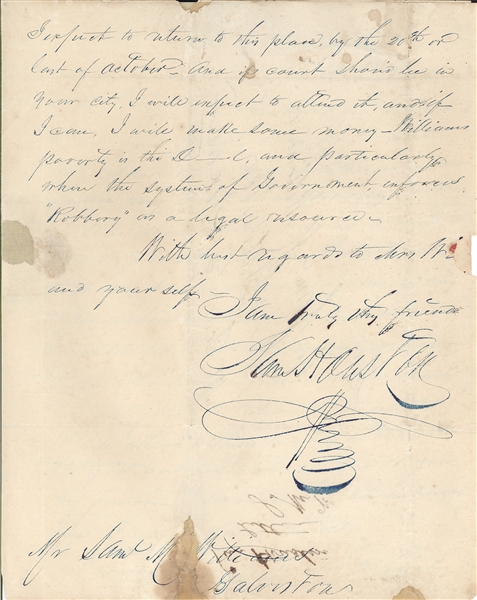 Sam Houston 1841 Republic Of Texas ALS