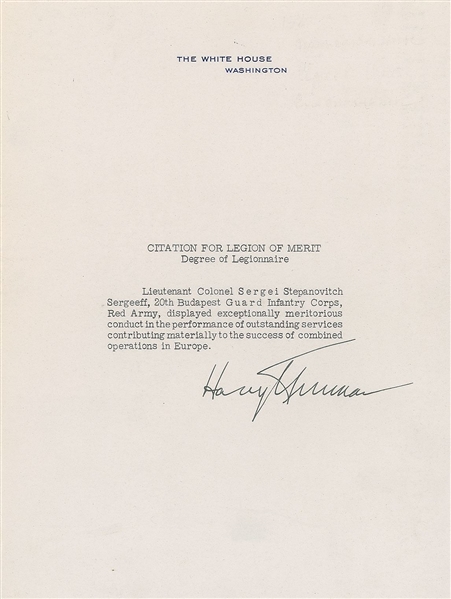 Harry Truman Legion of Merit for A Soviet Soldier