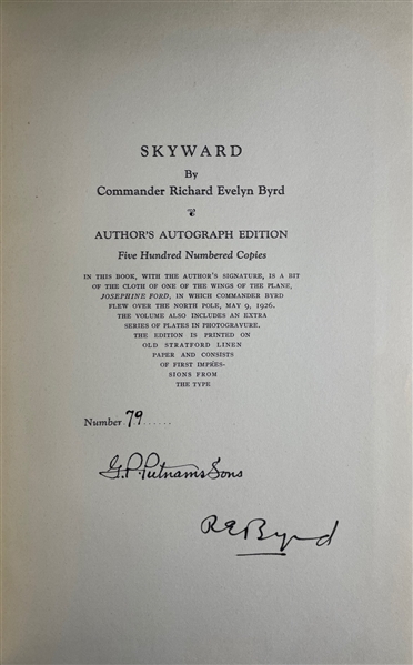 Skyward signed by Admiral Richard E. Byrd (Special copy with Fabric form Plane!)