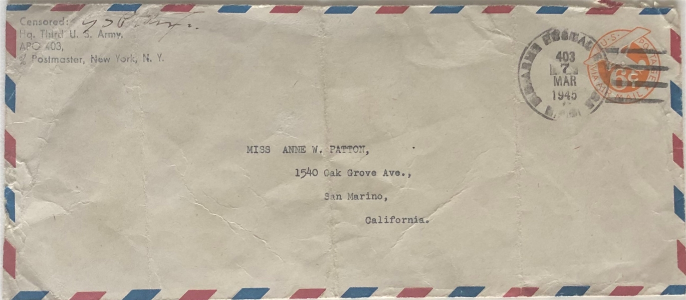 George Patton Signed War Date envelope to his sister
