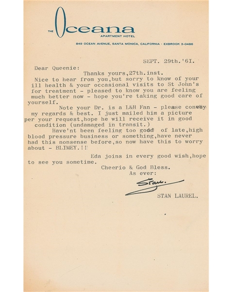 Stan Laurel Signed  Letter accompanied with Photo