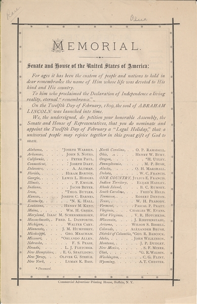 Pamphlet for Very Early Petition to Commemorate Lincolns Birthday