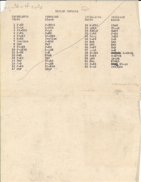 Capablanca Letter Detailing Important Indian Defense Game