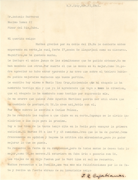 Capablanca Letter Detailing Important Indian Defense Game