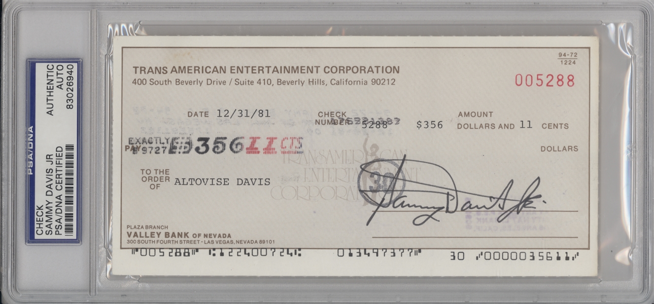 Sammy Davis Jr Signed Check
