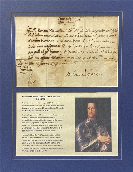 Cosimo I de' Medici, Grand Duke of Tuscany Signed Document