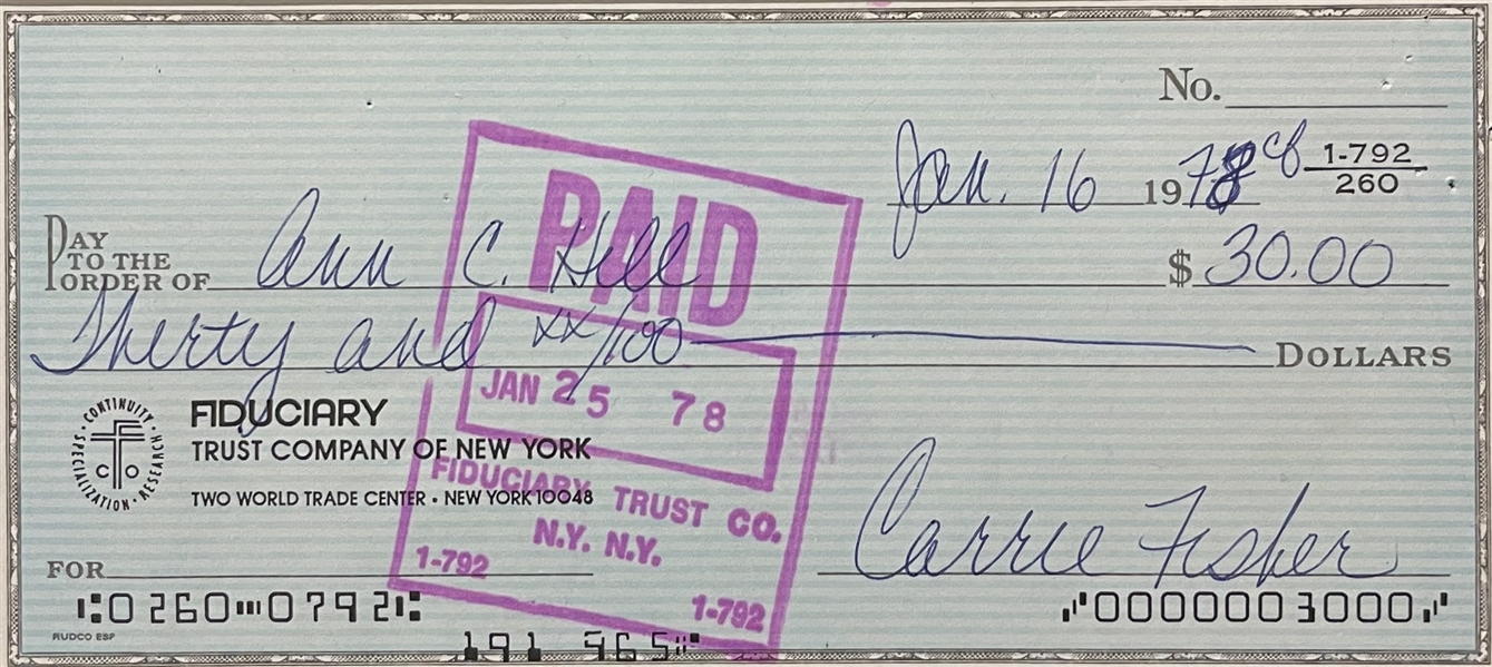 Carrie Fisher Signed Check