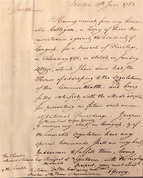 Important Elbridge Gerry to Samuel Adams asking for his seat back in Congress 1783