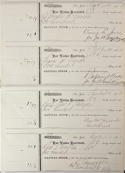 Cornelius Vanderbilt Jr. Signed Capital Stock of NY and Harlem Rail Road Company