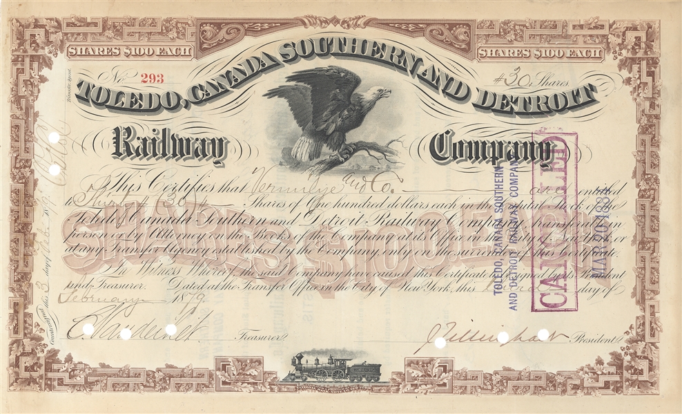 Toledo, Canada Southern and Detroit Railway Company signed by Cornelius Vanderbilt II
