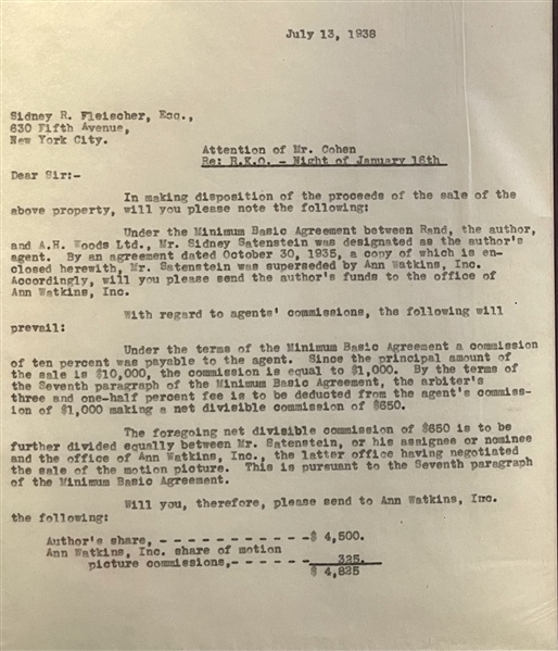 AYN RAND LETTER SIGNED REGARDING SALE OF RIGHTS TO 'NIGHT OF JANUARY 16TH