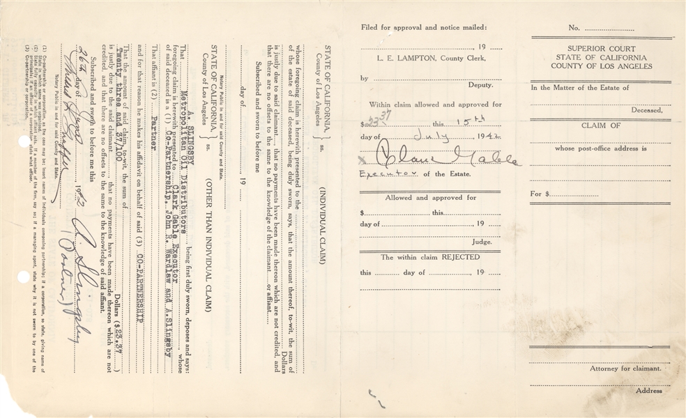 Carol Lombard's Official Death Certificate and signed Estate papers by Clark Gables