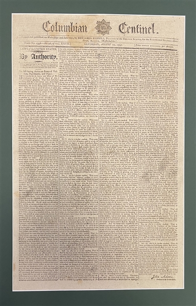 Rare Newspaper on the introduction of Estate Tax dated August 12, 1797