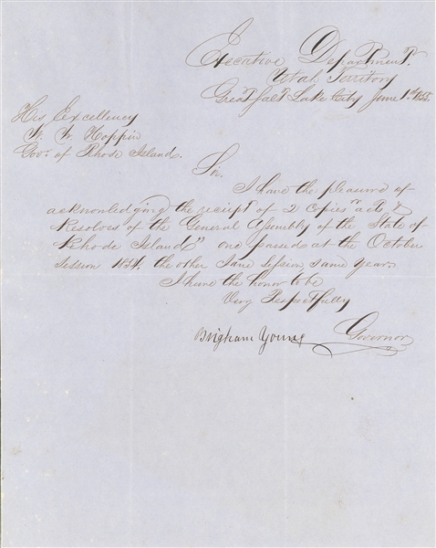 Brigham Young Document Signed Brigham Young/ Governor. One page, 7.5 x 10, May 29, 1855, Executive Dept. Utah Territory/ Great Salt Lake City.