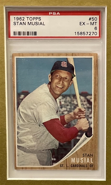 Stan Musial Signed photo and framed with 2 Graded Topps Cards.