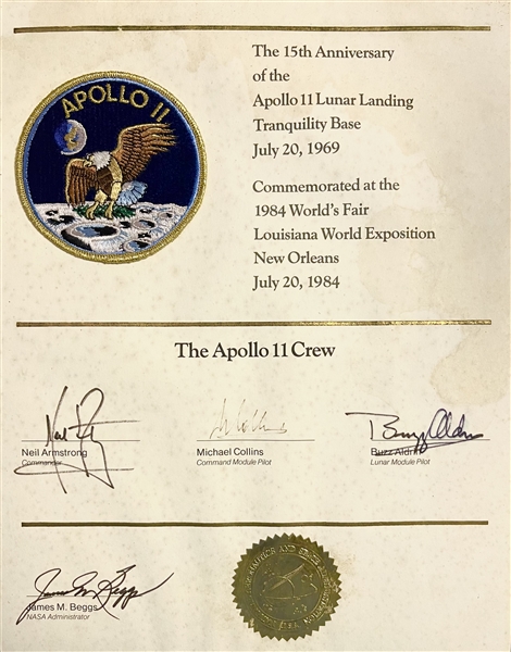 Apollo 11 Crew Signed Poster from the 15th Anniversary Commemorated at the 1984 World's Fair 