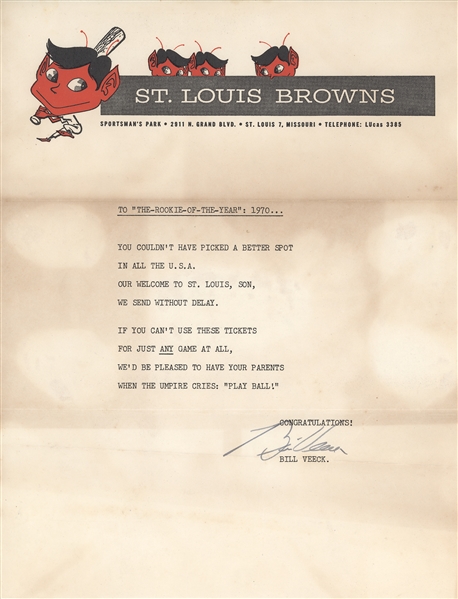 Bill Veeck TLS on St. Louis Browns Stationary 