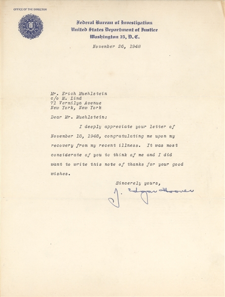 J. Edgar Hoover 3 TLS + Signed Photo