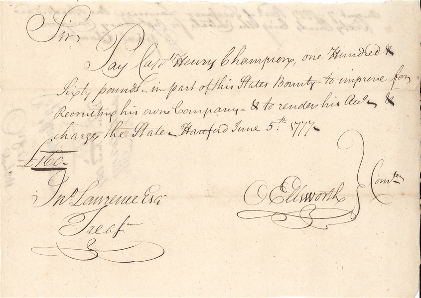 Oliver Ellsworth 1777 Pay Order