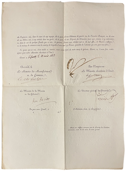 Rare! Napoleon Bonaparte Signs an Original Ships Passport for An American Vessel From New York During the War of 1812