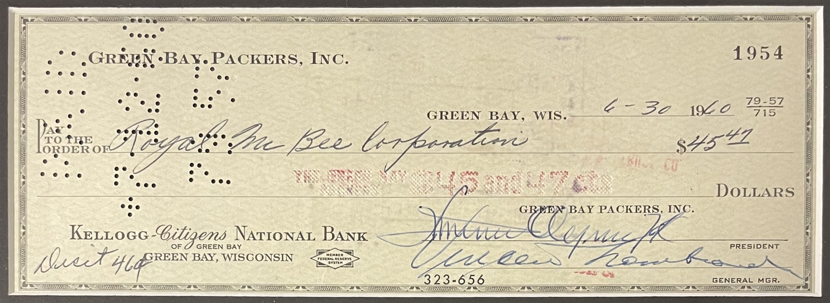 Vince Lombardi Signed Check
