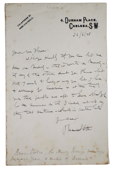 Bram Stoker ALS-To His Publisher About Some Stories He Wrote and Going to America