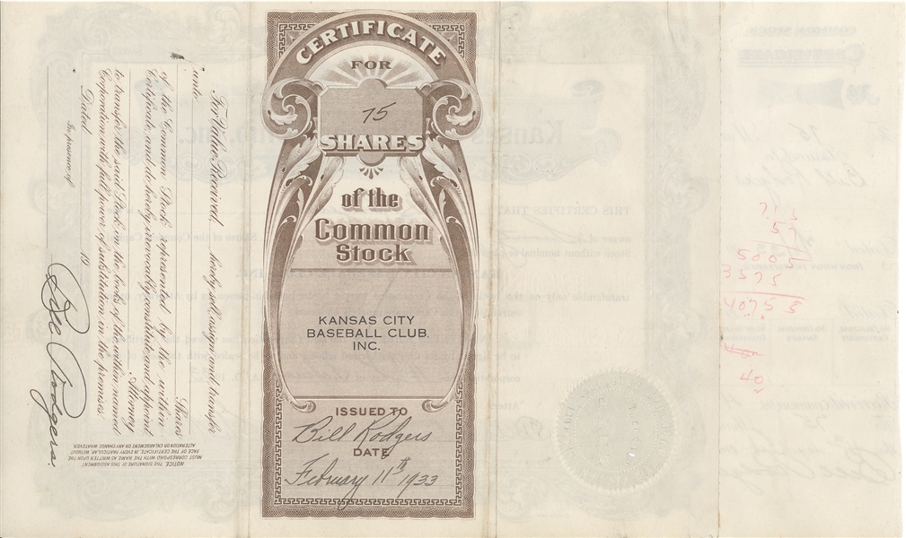 Kansas City Baseball Club, Stock Certificate, 1933, Tris Speaker Signed as Secretary