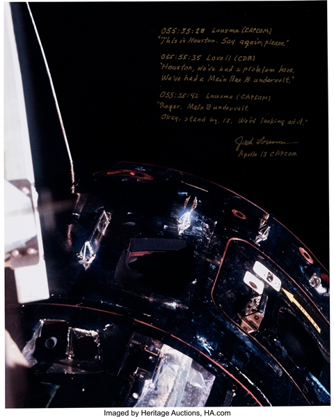Apollo 13: Jack Lousma Signed and Annotated Large Damaged Service Module Color Photo.