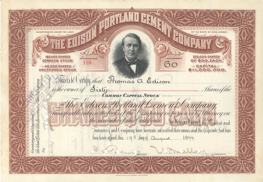 Thomas Edison Signed Edison Portland Cement Company Stock